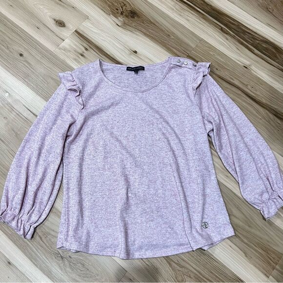 Adrienne Vittadini 3/4 Ruffle Sleeve Hacci Top Rhinestone Buttons Women’s Large - Picture 5 of 6